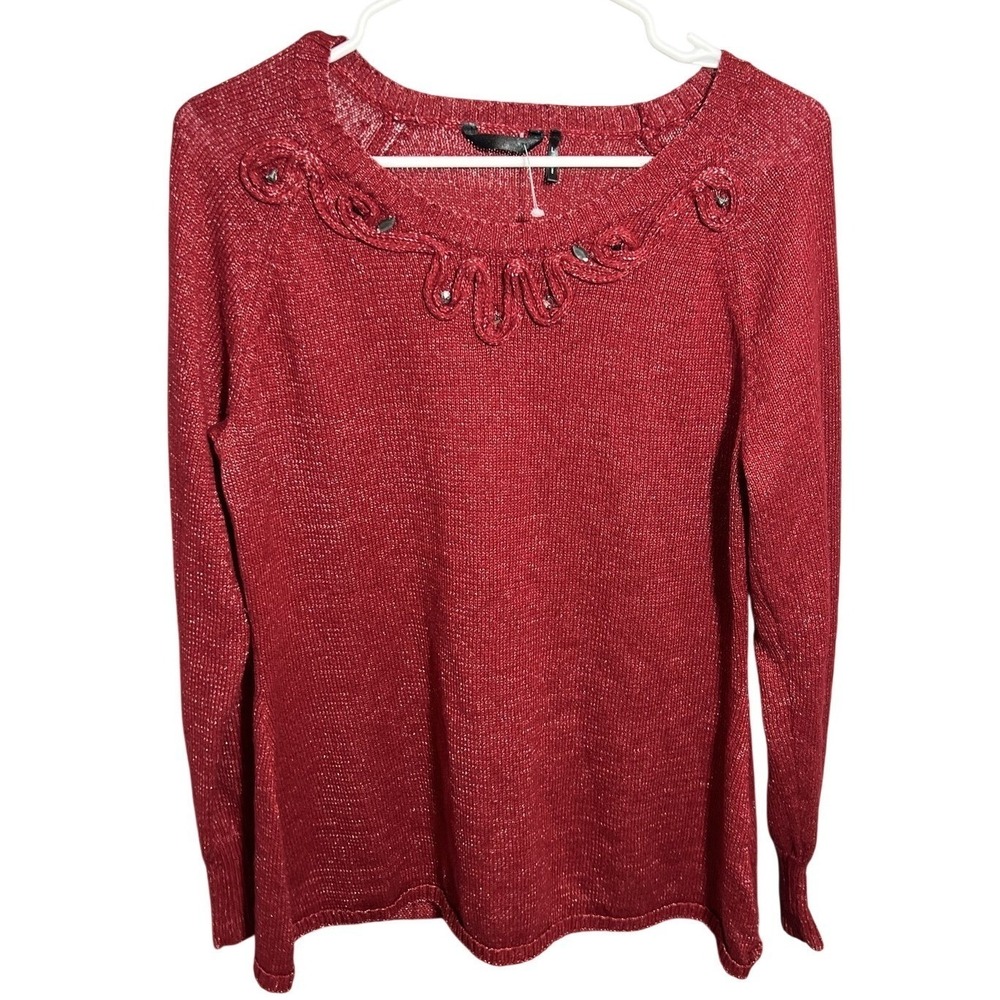Women's Sangria‎ Red Shimmer Sweater Size L Pullover Embellished Neckline Long